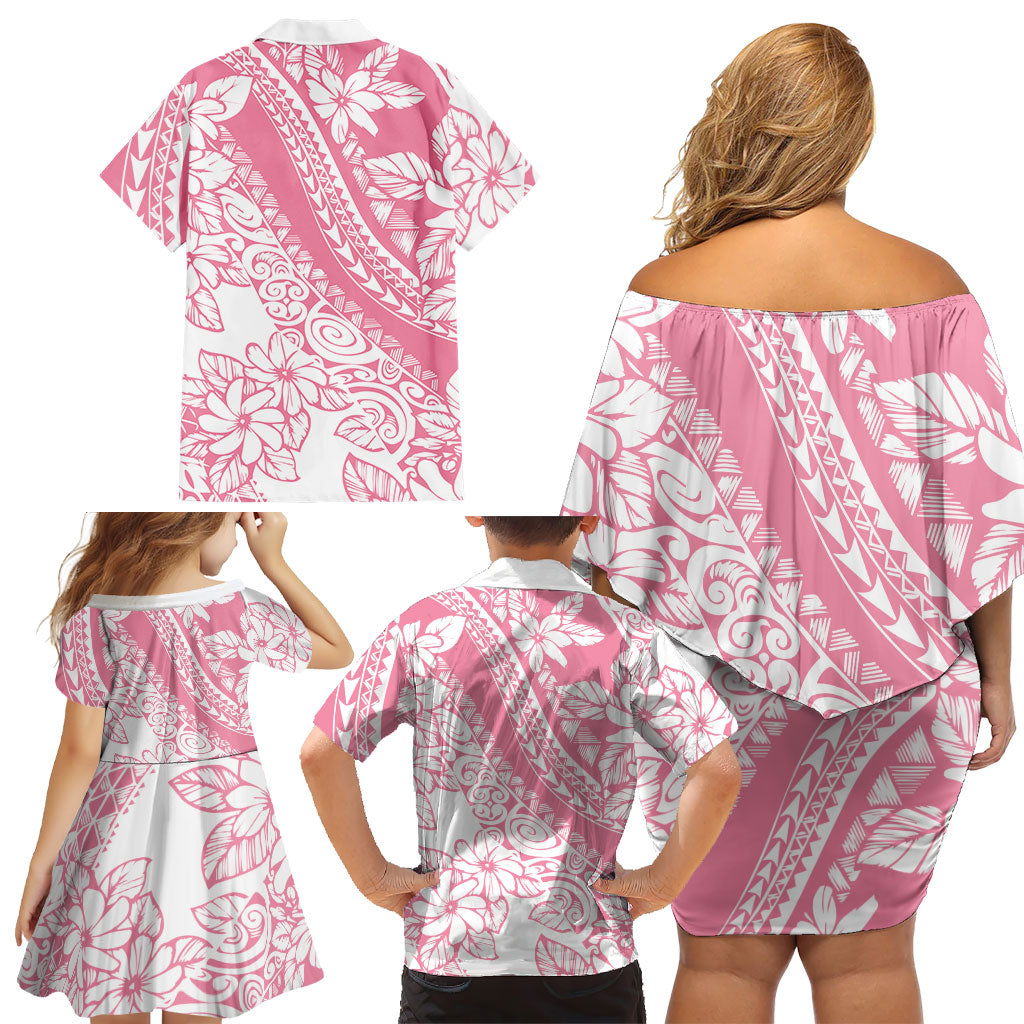 Polynesian Tiare Flower Pink Pastel Vibes Family Matching Off Shoulder Short Dress and Hawaiian Shirt
