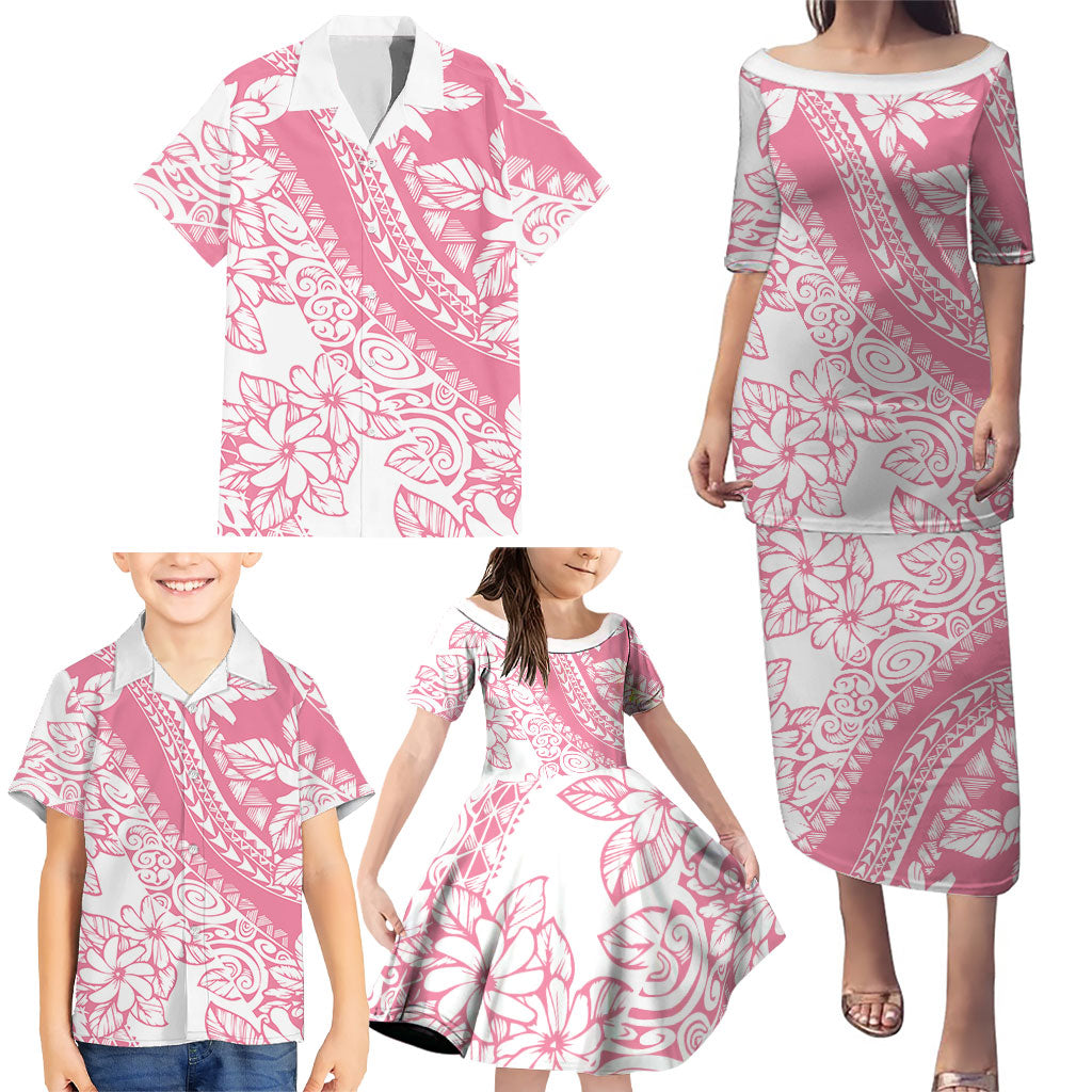 Polynesian Tiare Flower Pink Pastel Vibes Family Matching Puletasi and Hawaiian Shirt