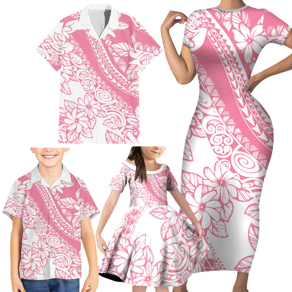 Polynesian Tiare Flower Pink Pastel Vibes Family Matching Short Sleeve Bodycon Dress and Hawaiian Shirt