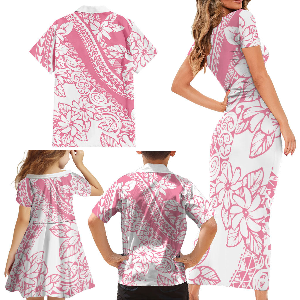 Polynesian Tiare Flower Pink Pastel Vibes Family Matching Short Sleeve Bodycon Dress and Hawaiian Shirt