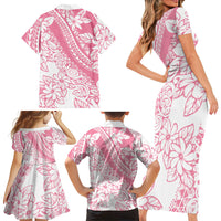 Polynesian Tiare Flower Pink Pastel Vibes Family Matching Short Sleeve Bodycon Dress and Hawaiian Shirt