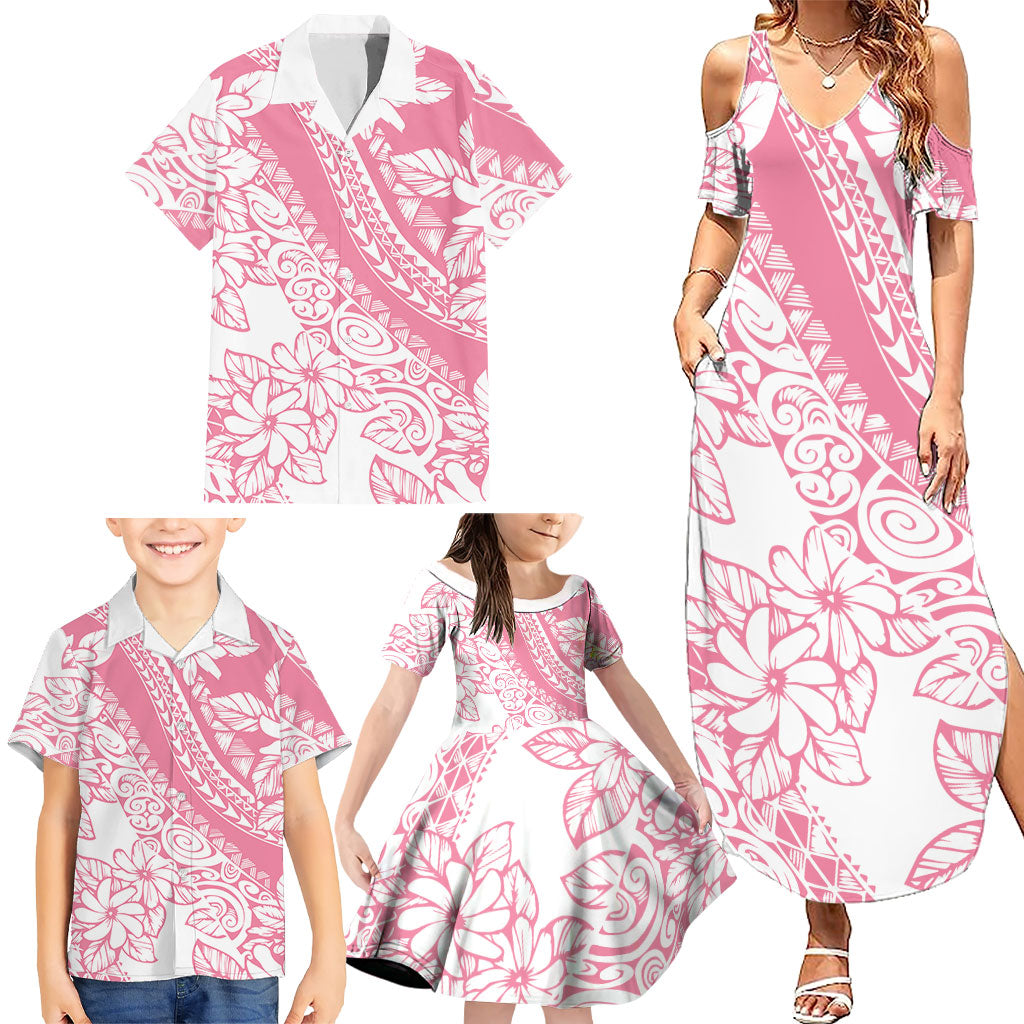 Polynesian Tiare Flower Pink Pastel Vibes Family Matching Summer Maxi Dress and Hawaiian Shirt