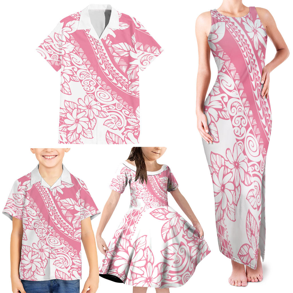 Polynesian Tiare Flower Pink Pastel Vibes Family Matching Tank Maxi Dress and Hawaiian Shirt