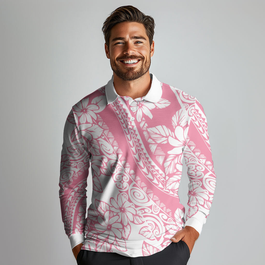 Polynesian Tiare Flower Pink Pastel Vibes Long Sleeve Polo Shirt LT14 - Polynesian Pride
