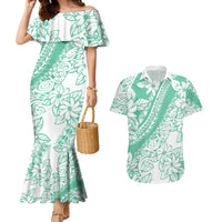 Polynesian Tiare Flower Cyan Pastel Vibes Couples Matching Mermaid Dress and Hawaiian Shirt