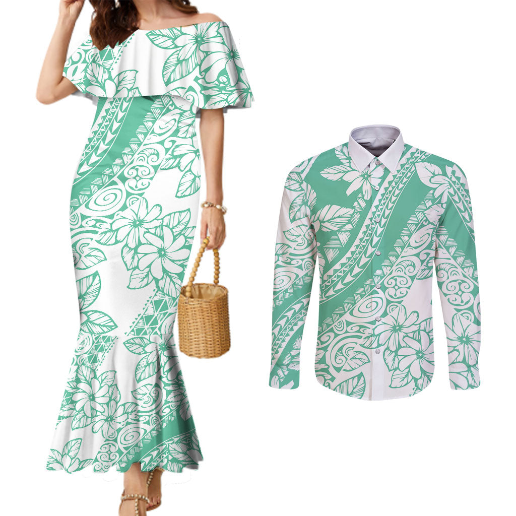 Polynesian Tiare Flower Cyan Pastel Vibes Couples Matching Mermaid Dress and Long Sleeve Button Shirt