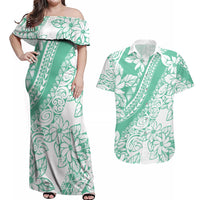 Polynesian Tiare Flower Cyan Pastel Vibes Couples Matching Off Shoulder Maxi Dress and Hawaiian Shirt