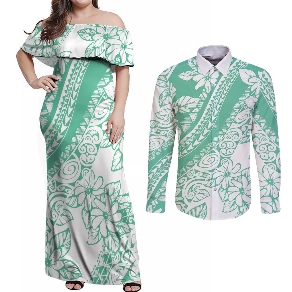 Polynesian Tiare Flower Cyan Pastel Vibes Couples Matching Off Shoulder Maxi Dress and Long Sleeve Button Shirt LT14 Cyan - Polynesian Pride