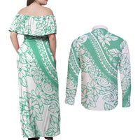 Polynesian Tiare Flower Cyan Pastel Vibes Couples Matching Off Shoulder Maxi Dress and Long Sleeve Button Shirt LT14 - Polynesian Pride