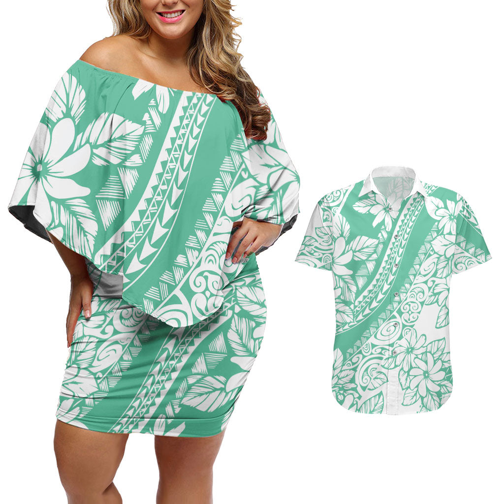 Polynesian Tiare Flower Cyan Pastel Vibes Couples Matching Off Shoulder Short Dress and Hawaiian Shirt