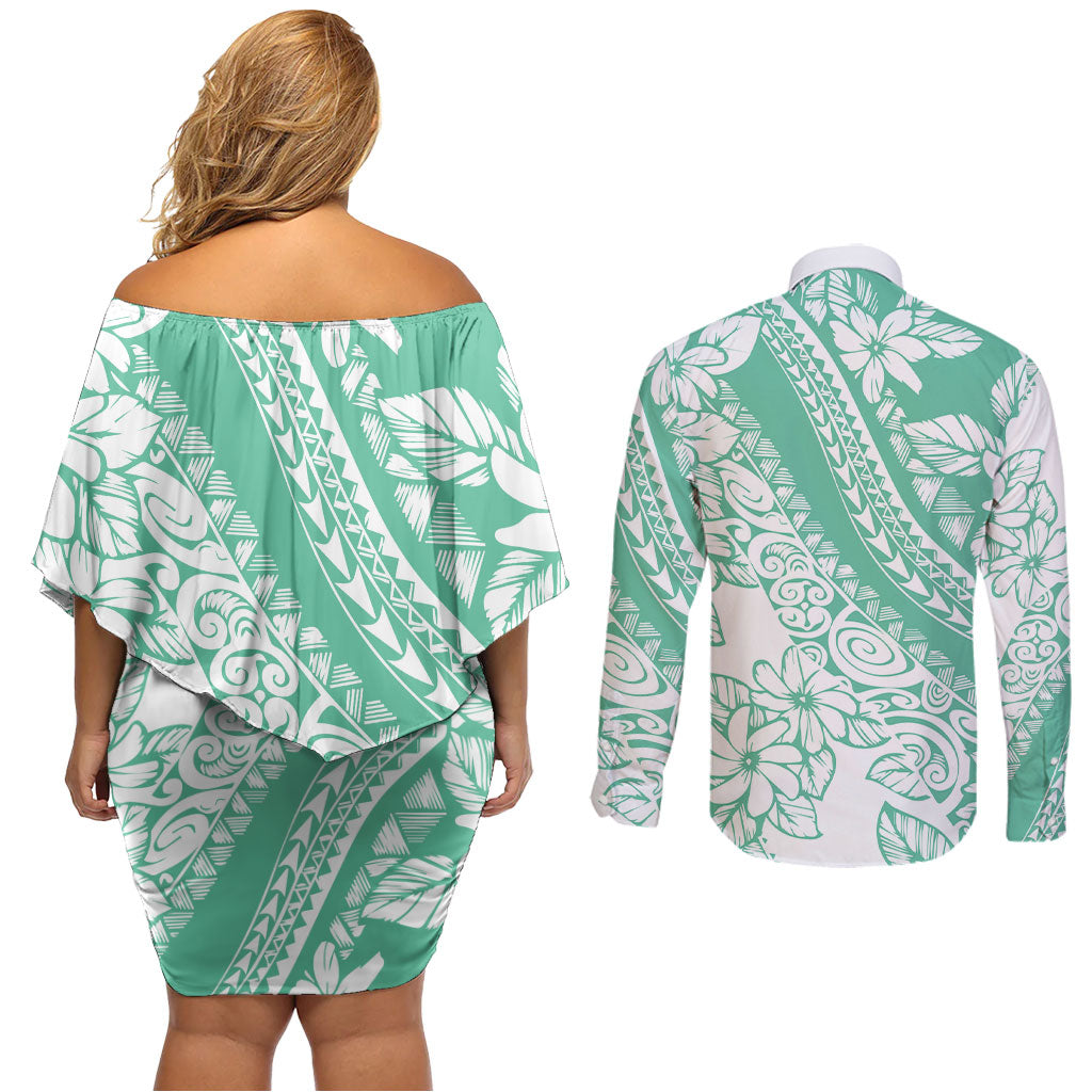 Polynesian Tiare Flower Cyan Pastel Vibes Couples Matching Off Shoulder Short Dress and Long Sleeve Button Shirt