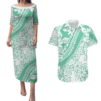 Polynesian Tiare Flower Cyan Pastel Vibes Couples Matching Puletasi and Hawaiian Shirt LT14 Cyan - Polynesian Pride