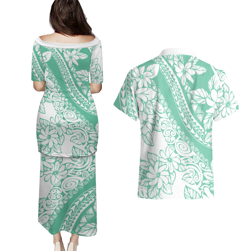 Polynesian Tiare Flower Cyan Pastel Vibes Couples Matching Puletasi and Hawaiian Shirt LT14 - Polynesian Pride