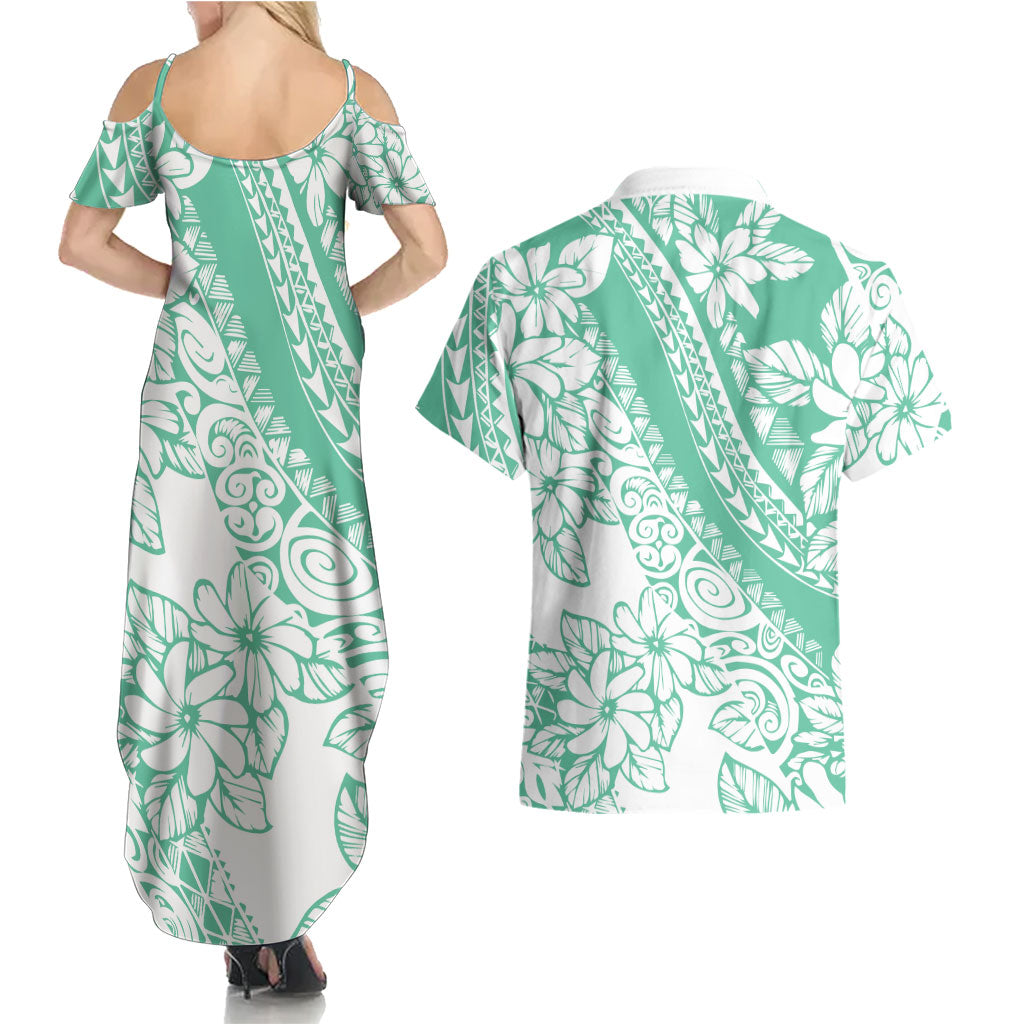 Polynesian Tiare Flower Cyan Pastel Vibes Couples Matching Summer Maxi Dress and Hawaiian Shirt