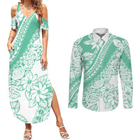 Polynesian Tiare Flower Cyan Pastel Vibes Couples Matching Summer Maxi Dress and Long Sleeve Button Shirt LT14 Cyan - Polynesian Pride