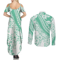 Polynesian Tiare Flower Cyan Pastel Vibes Couples Matching Summer Maxi Dress and Long Sleeve Button Shirt LT14 - Polynesian Pride
