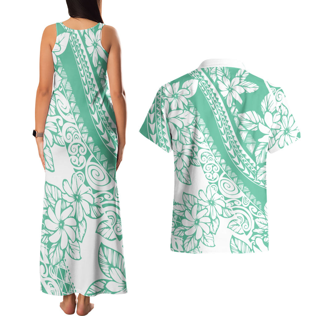 Polynesian Tiare Flower Cyan Pastel Vibes Couples Matching Tank Maxi Dress and Hawaiian Shirt