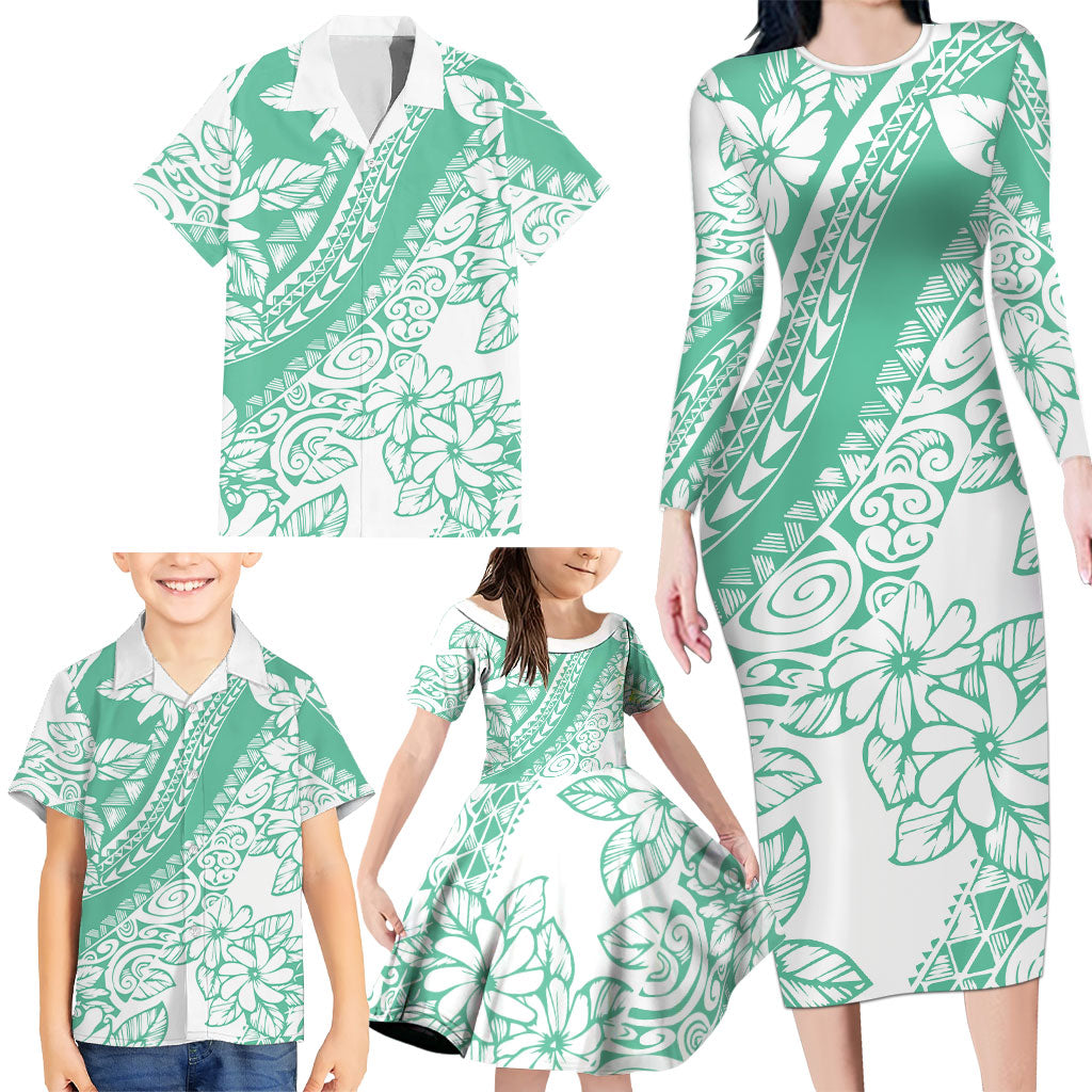 Polynesian Tiare Flower Cyan Pastel Vibes Family Matching Long Sleeve Bodycon Dress and Hawaiian Shirt