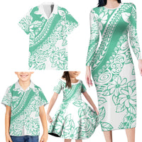 Polynesian Tiare Flower Cyan Pastel Vibes Family Matching Long Sleeve Bodycon Dress and Hawaiian Shirt