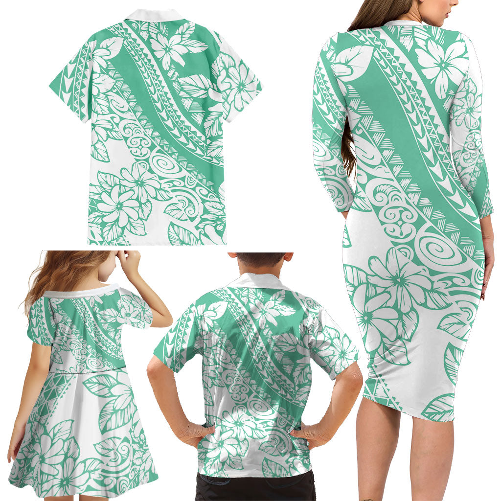 Polynesian Tiare Flower Cyan Pastel Vibes Family Matching Long Sleeve Bodycon Dress and Hawaiian Shirt