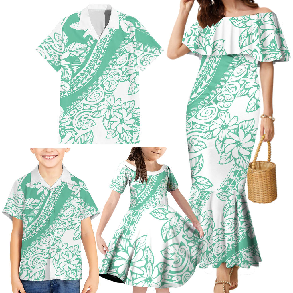 Polynesian Tiare Flower Cyan Pastel Vibes Family Matching Mermaid Dress and Hawaiian Shirt