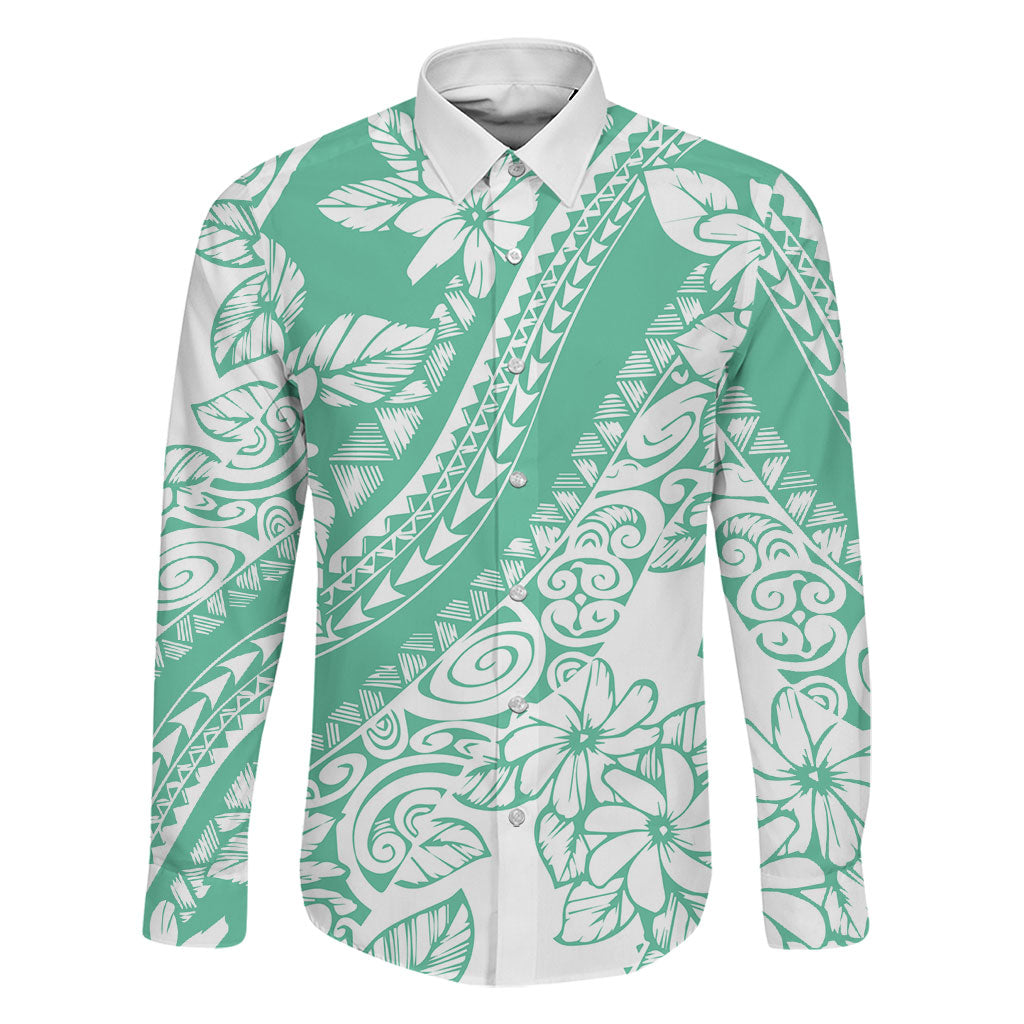 Polynesian Tiare Flower Cyan Pastel Vibes Family Matching Mermaid Dress and Hawaiian Shirt