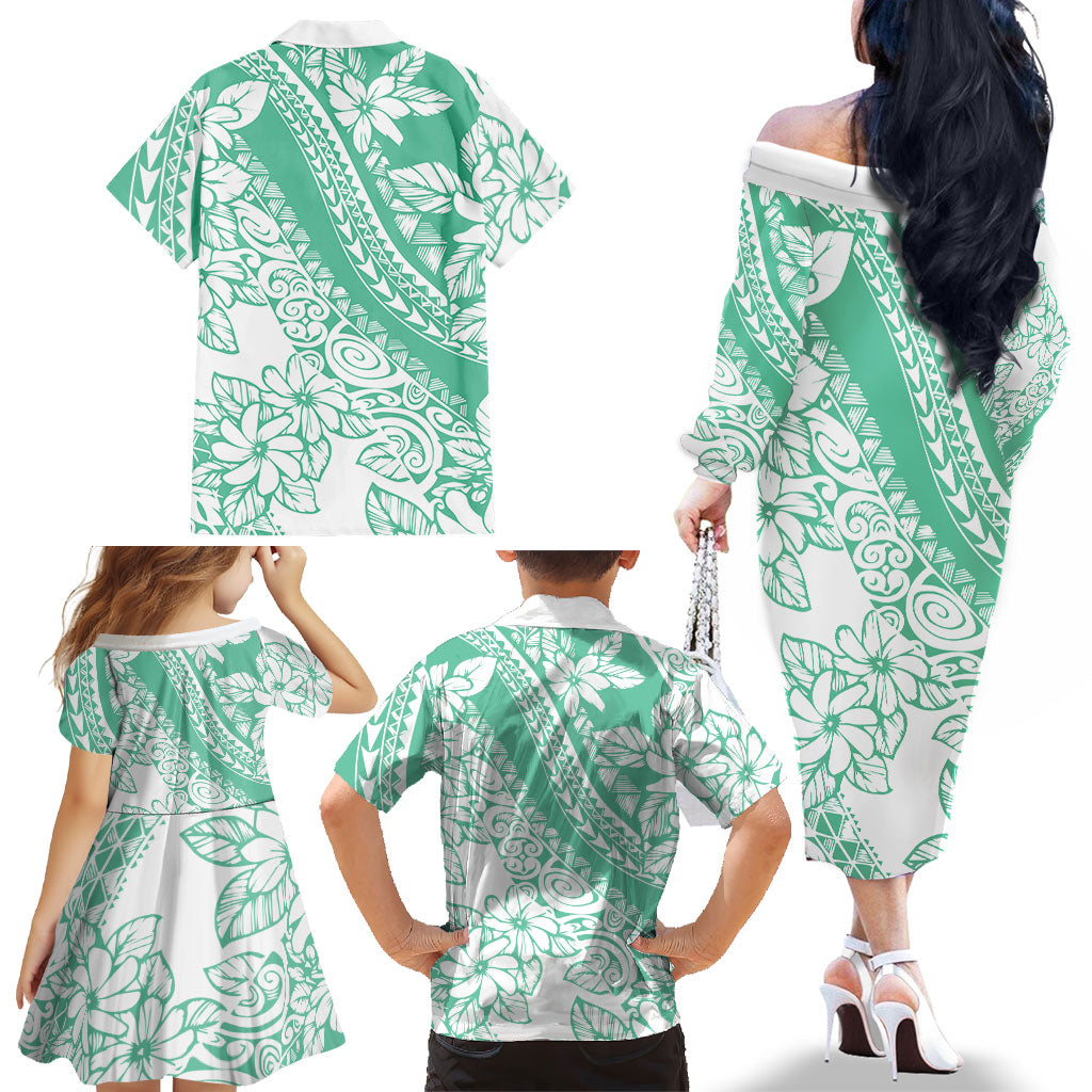 Polynesian Tiare Flower Cyan Pastel Vibes Family Matching Off The Shoulder Long Sleeve Dress and Hawaiian Shirt