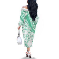 Polynesian Tiare Flower Cyan Pastel Vibes Family Matching Off The Shoulder Long Sleeve Dress and Hawaiian Shirt