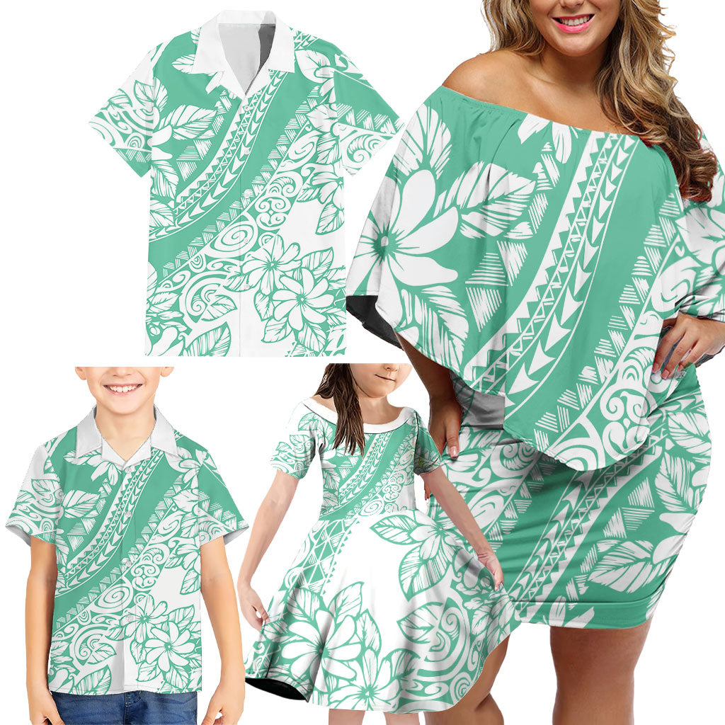Polynesian Tiare Flower Cyan Pastel Vibes Family Matching Off Shoulder Short Dress and Hawaiian Shirt