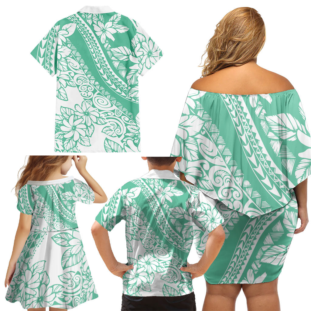 Polynesian Tiare Flower Cyan Pastel Vibes Family Matching Off Shoulder Short Dress and Hawaiian Shirt