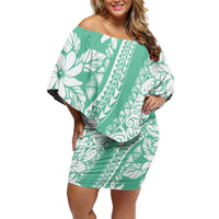 Polynesian Tiare Flower Cyan Pastel Vibes Family Matching Off Shoulder Short Dress and Hawaiian Shirt