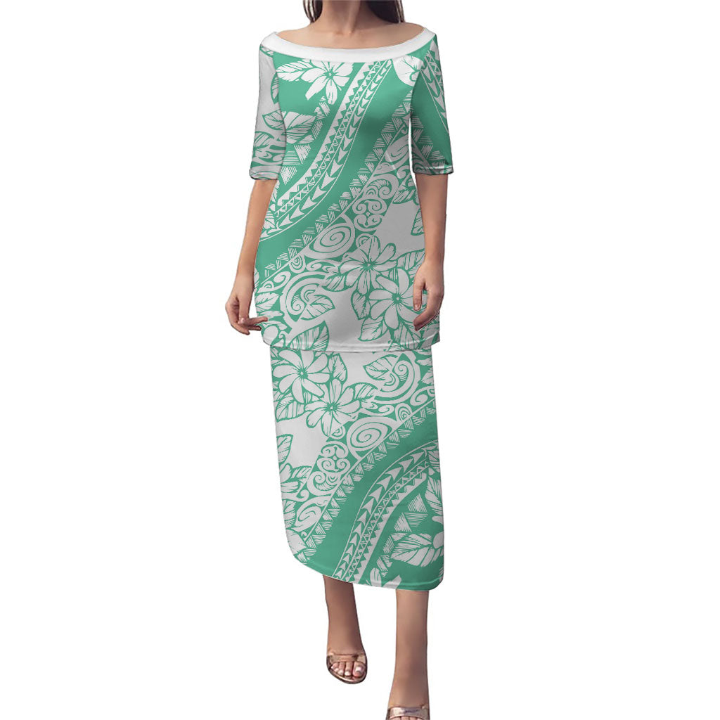 Polynesian Tiare Flower Cyan Pastel Vibes Family Matching Puletasi and Hawaiian Shirt