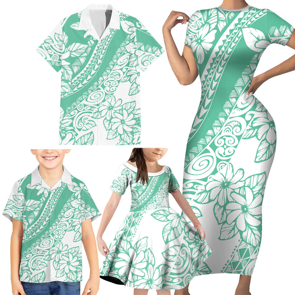 Polynesian Tiare Flower Cyan Pastel Vibes Family Matching Short Sleeve Bodycon Dress and Hawaiian Shirt