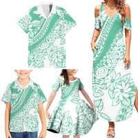 Polynesian Tiare Flower Cyan Pastel Vibes Family Matching Summer Maxi Dress and Hawaiian Shirt