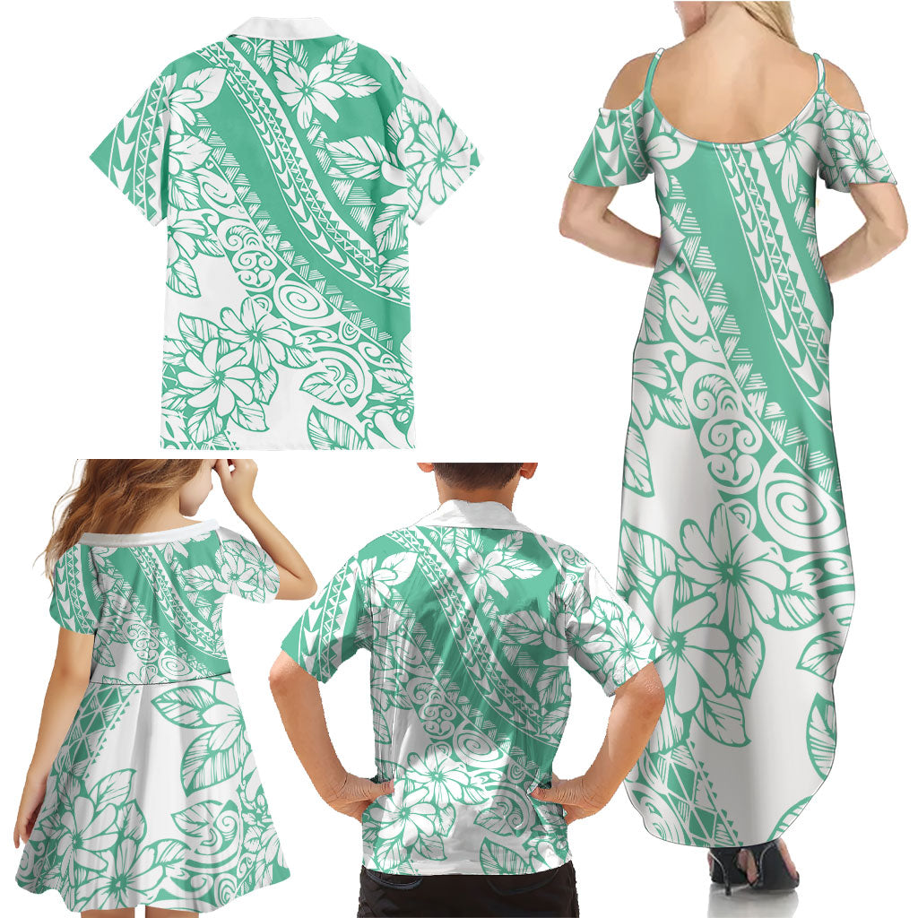Polynesian Tiare Flower Cyan Pastel Vibes Family Matching Summer Maxi Dress and Hawaiian Shirt