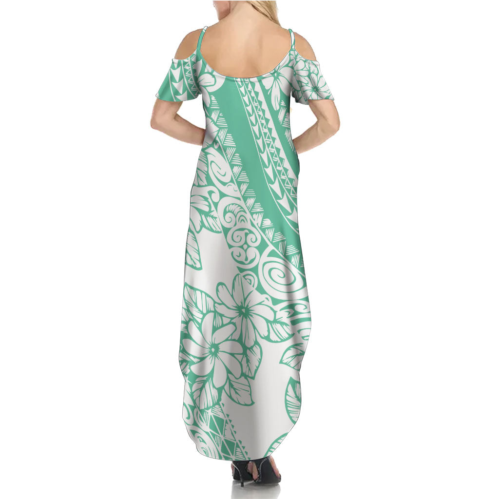 Polynesian Tiare Flower Cyan Pastel Vibes Family Matching Summer Maxi Dress and Hawaiian Shirt