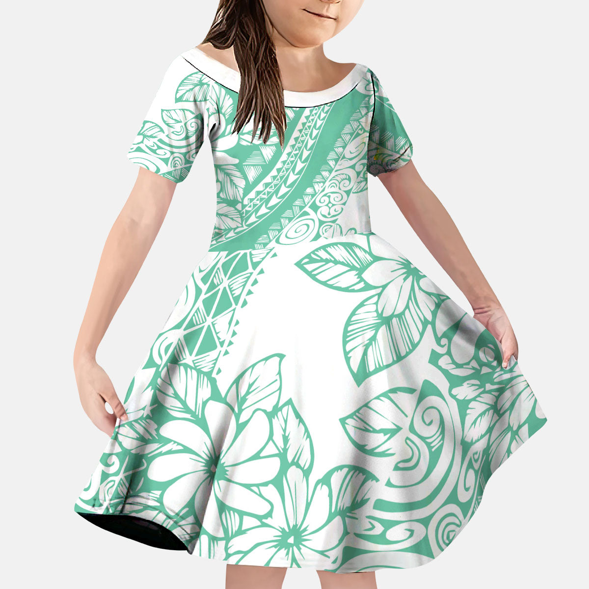 Polynesian Tiare Flower Cyan Pastel Vibes Kid Short Sleeve Dress