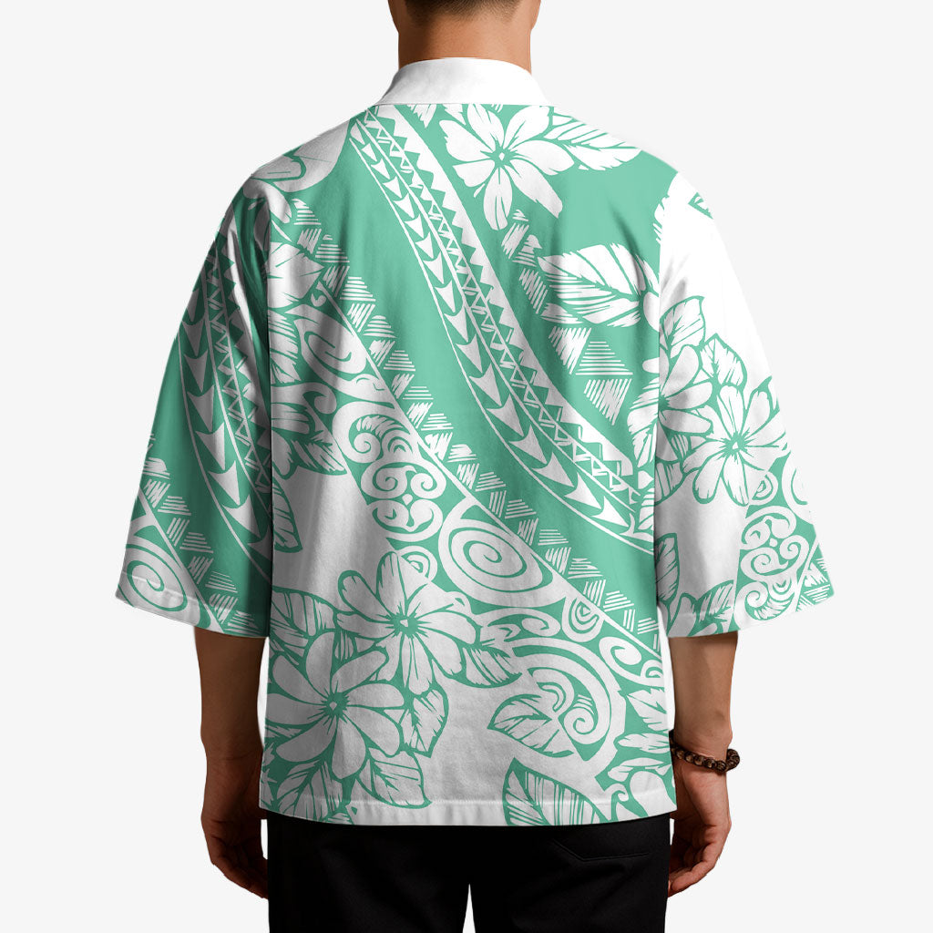 Polynesian Tiare Flower Cyan Pastel Vibes Kimono
