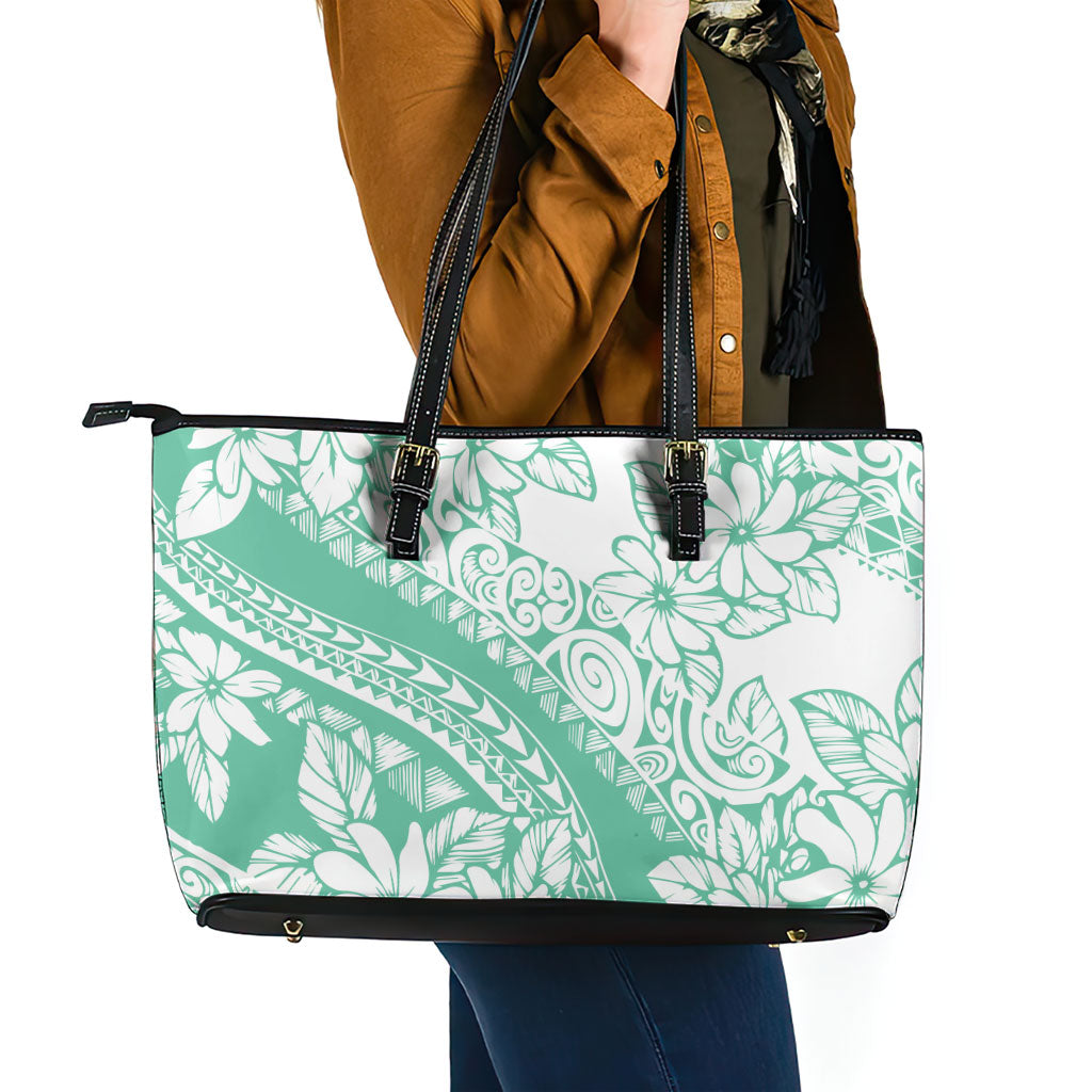 Polynesian Tiare Flower Cyan Pastel Vibes Leather Tote Bag