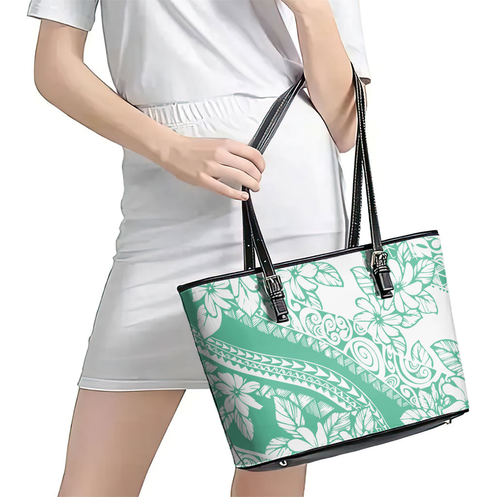 Polynesian Tiare Flower Cyan Pastel Vibes Leather Tote Bag