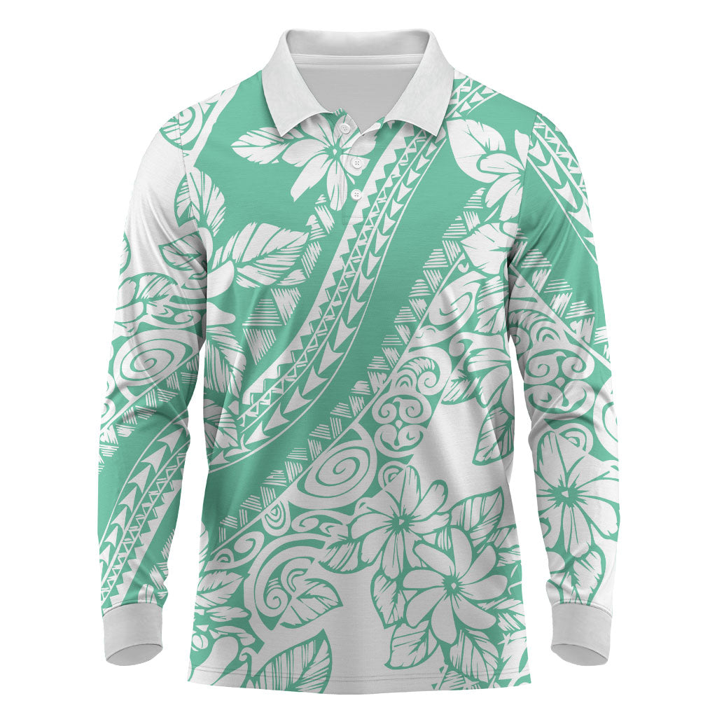 Polynesian Tiare Flower Cyan Pastel Vibes Long Sleeve Polo Shirt