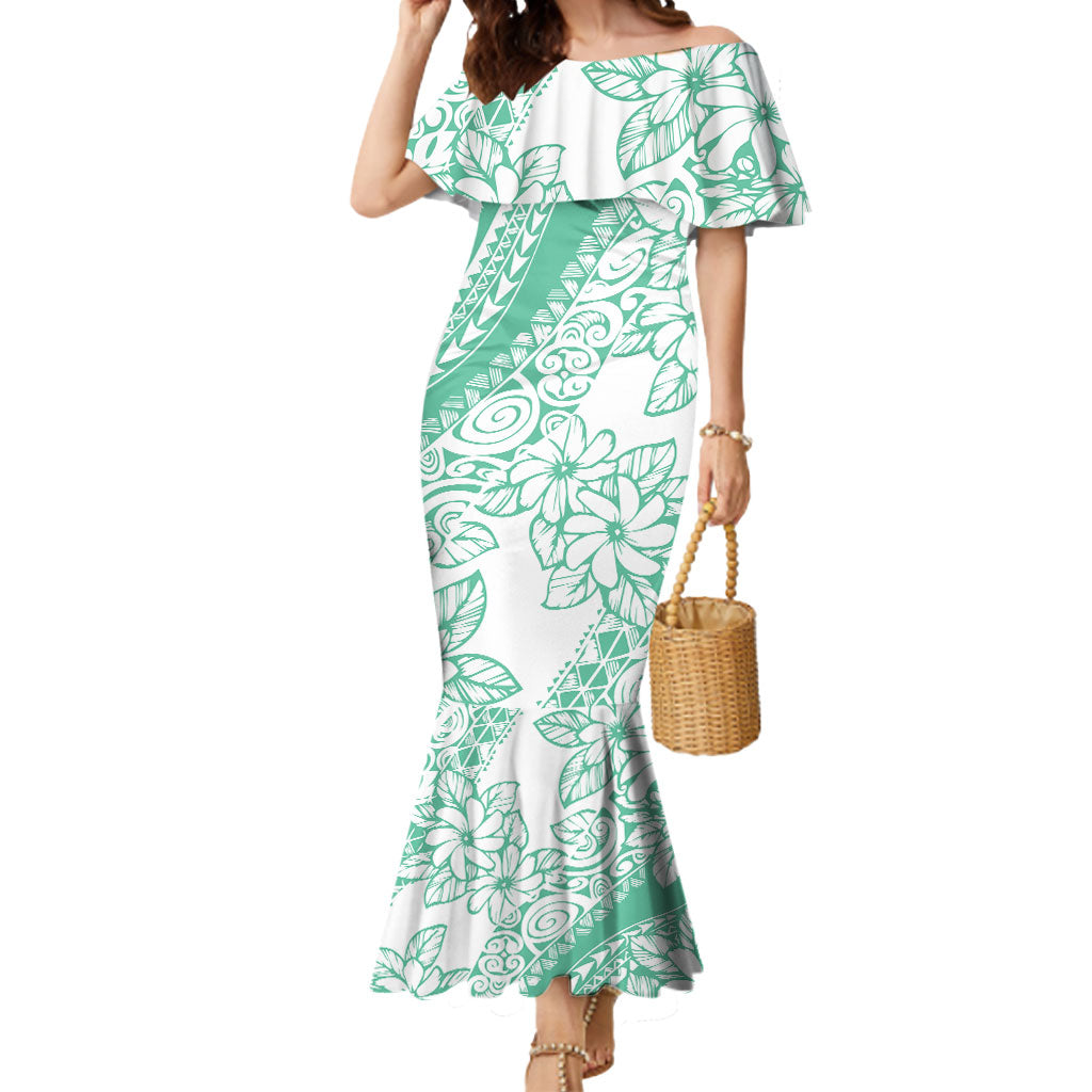 Polynesian Tiare Flower Cyan Pastel Vibes Mermaid Dress