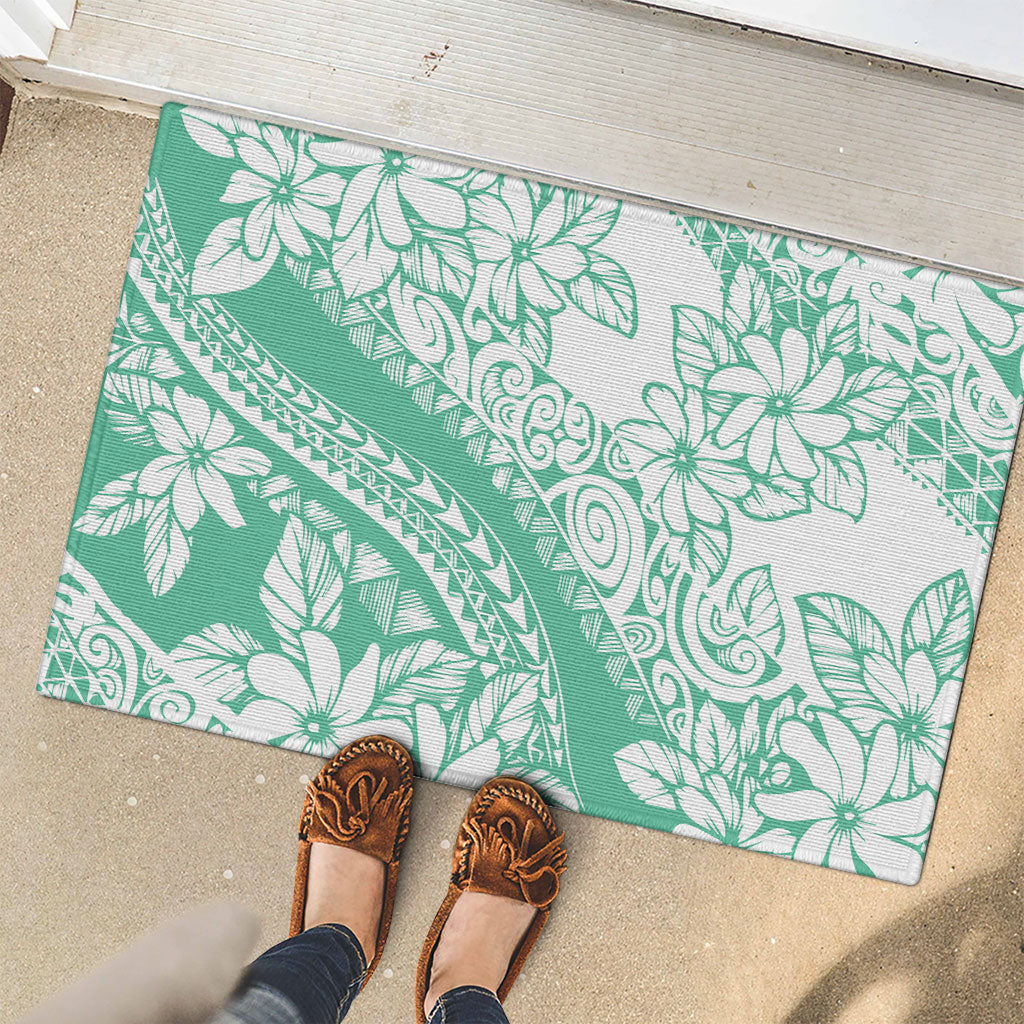 Polynesian Tiare Flower Cyan Pastel Vibes Rubber Doormat