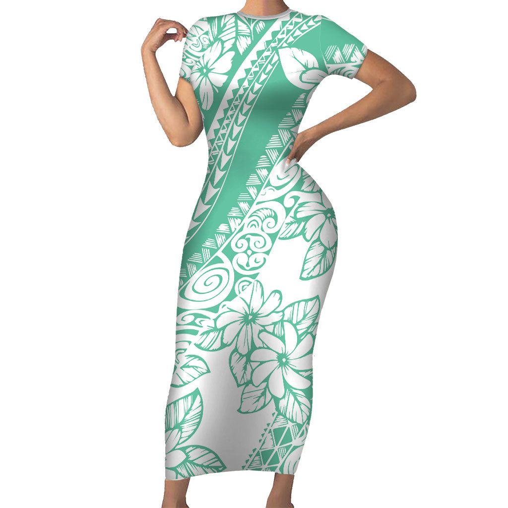 Polynesian Tiare Flower Cyan Pastel Vibes Short Sleeve Bodycon Dress