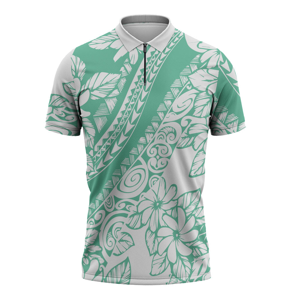 Polynesian Tiare Flower Cyan Pastel Vibes Zipper Polo Shirt LT14 Cyan - Polynesian Pride