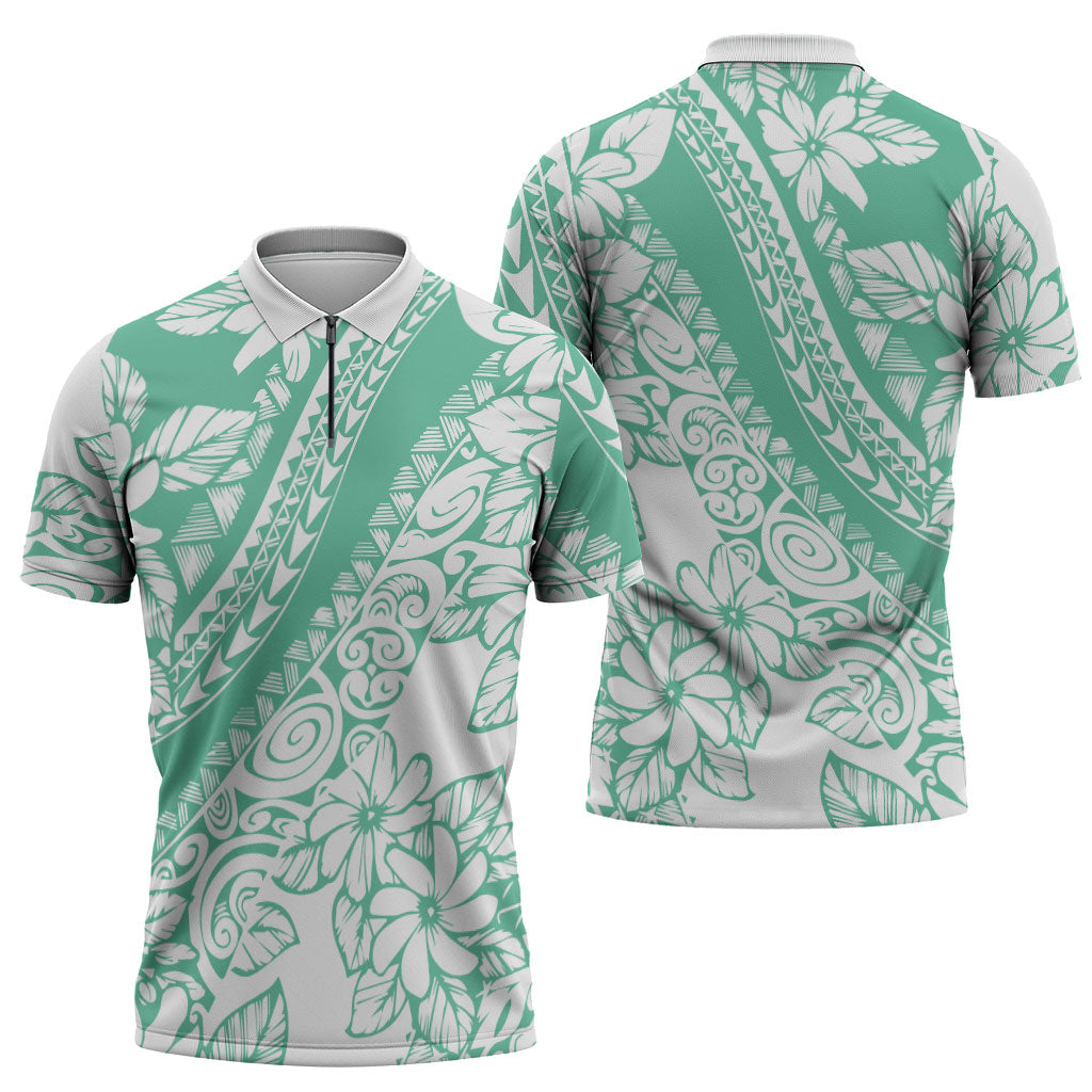 Polynesian Tiare Flower Cyan Pastel Vibes Zipper Polo Shirt LT14 - Polynesian Pride