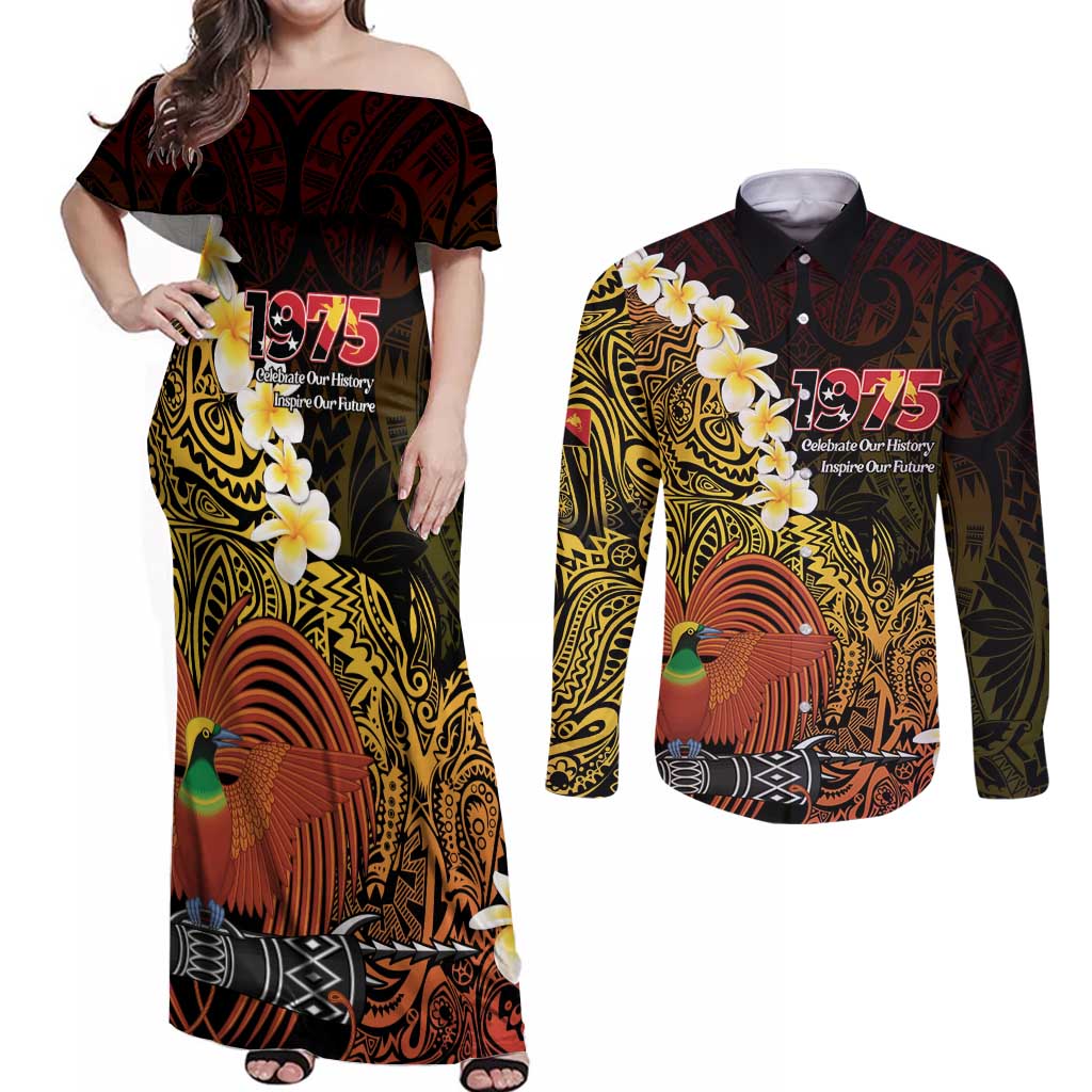 Papua New Guinea 1975 Couples Matching Off Shoulder Maxi Dress and Long Sleeve Button Shirt Create Our History Inspire Our Future - Polynesian Pride