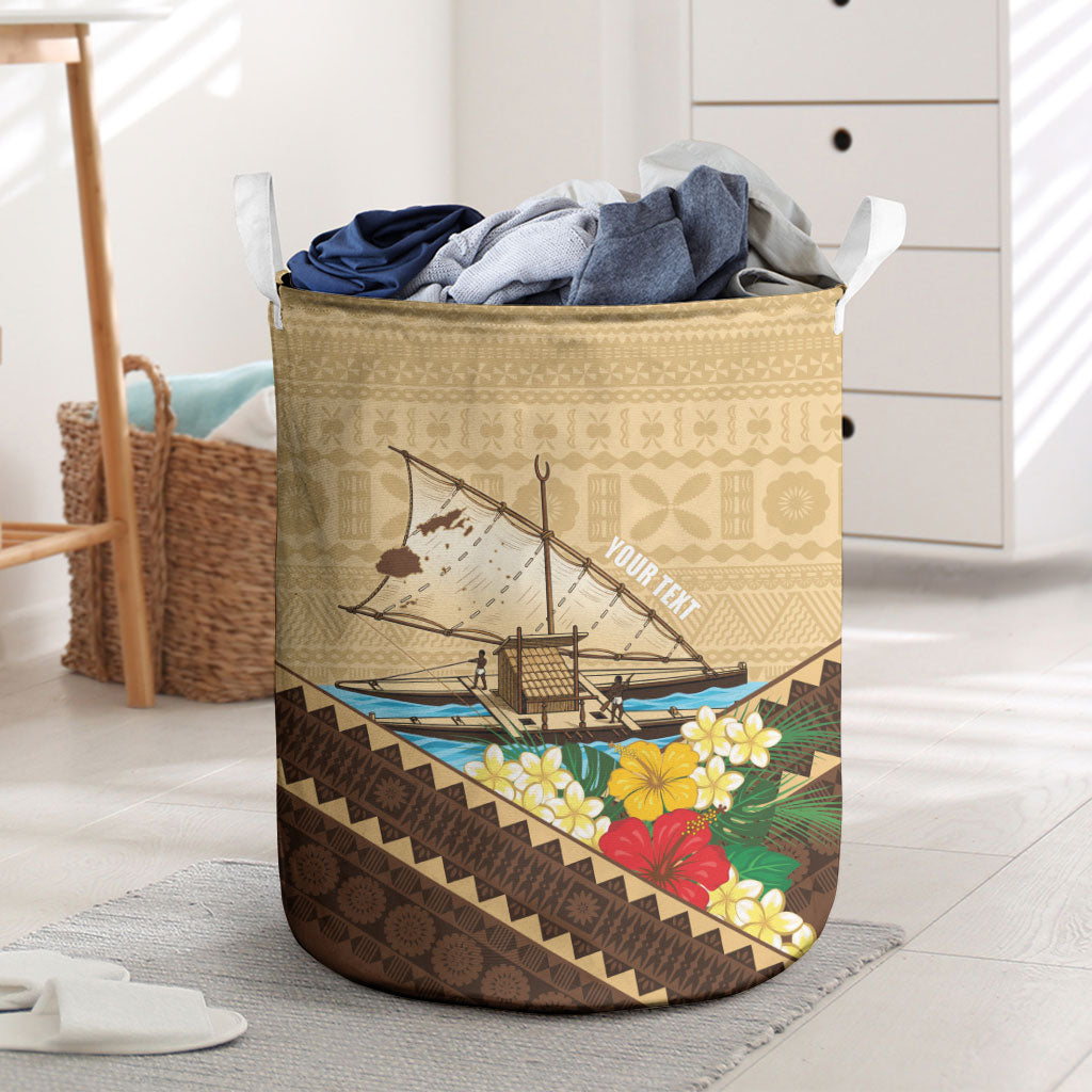 Personalised Bula Vinaka Fiji Drua Laundry Basket Fijian Traditional Canoe Tapa Cloth Beige LT14 Beige - Polynesian Pride