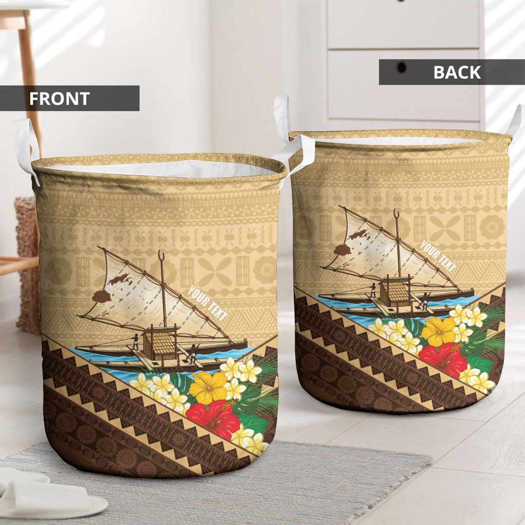 Personalised Bula Vinaka Fiji Drua Laundry Basket Fijian Traditional Canoe Tapa Cloth Beige LT14 - Polynesian Pride