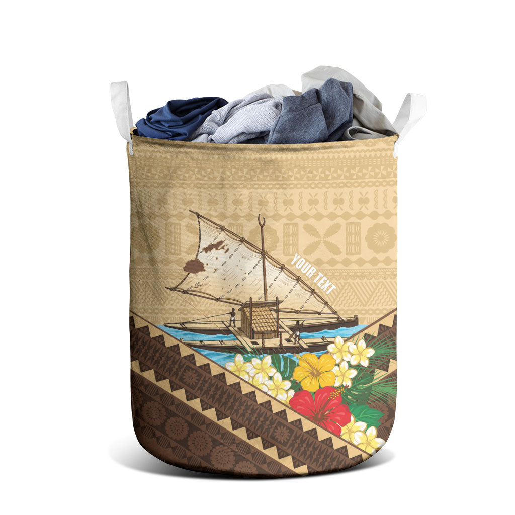 Personalised Bula Vinaka Fiji Drua Laundry Basket Fijian Traditional Canoe Tapa Cloth Beige LT14 - Polynesian Pride